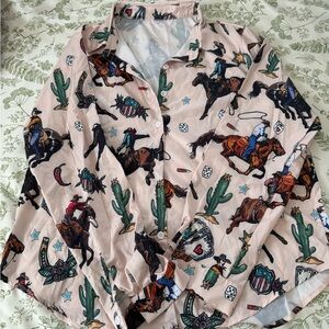 Western Rodeo Print Button-Up Shirt - Pink Ground with Multicolor Motifs